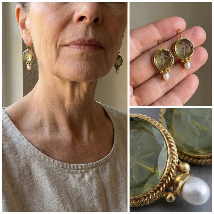 Antique Rounded Green Stone Pearl Earrings